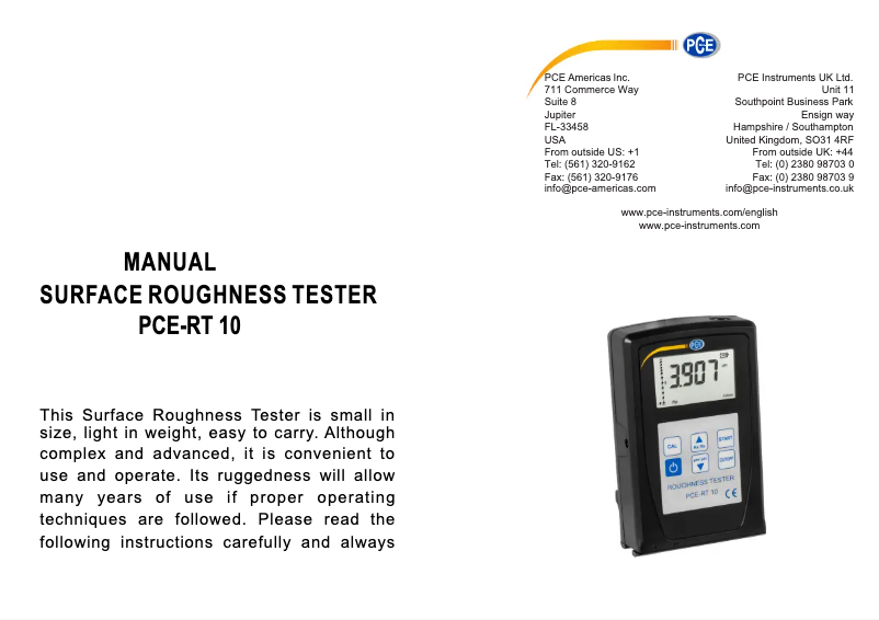 Page 1 de la notice Manuel utilisateur PCE Instruments PCE-RT 10