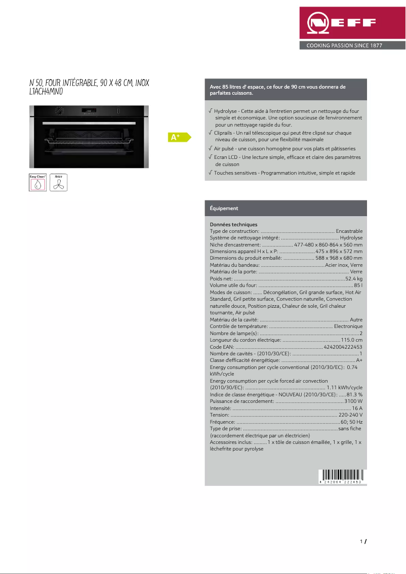 Page 1 de la notice Fiche technique Neff L1ACH4MN0