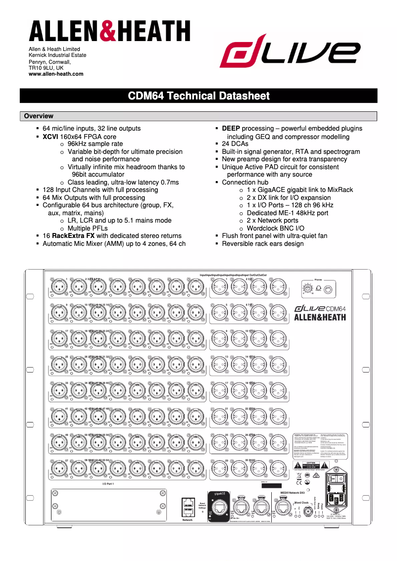 Page n°1 - Fiche technique Allen & Heath dLive CDM64
