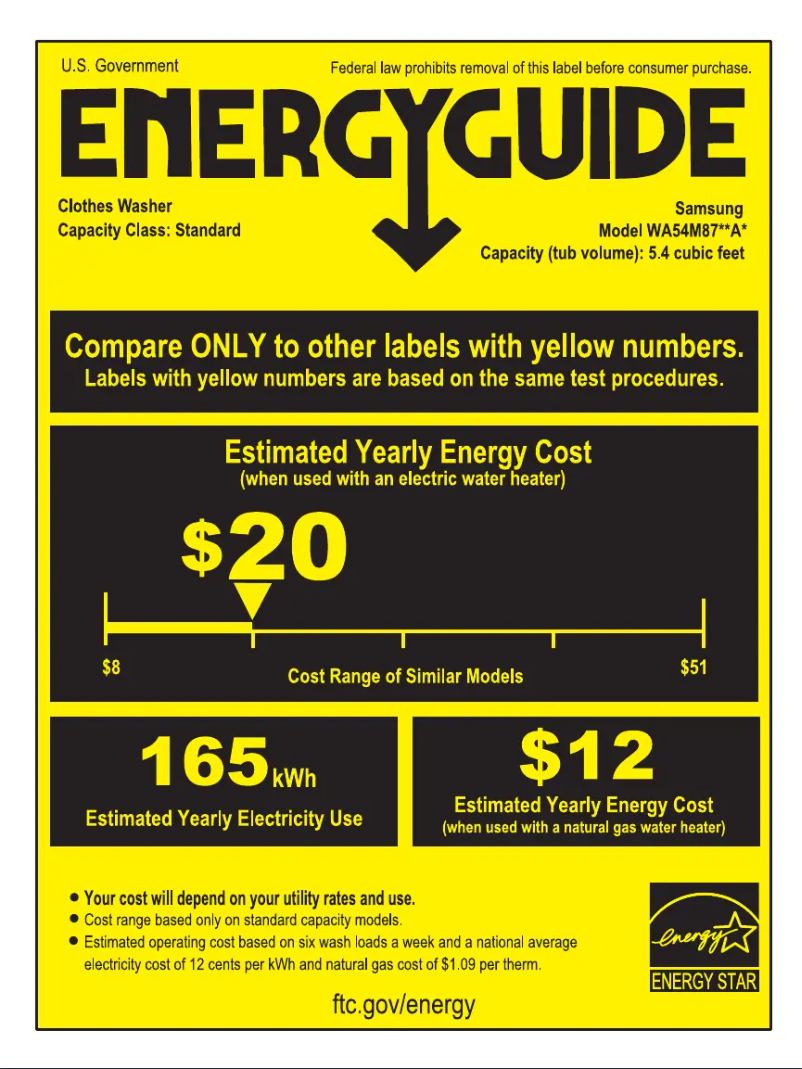 Page 1 de la notice Label énergétique Samsung WA54M8750A