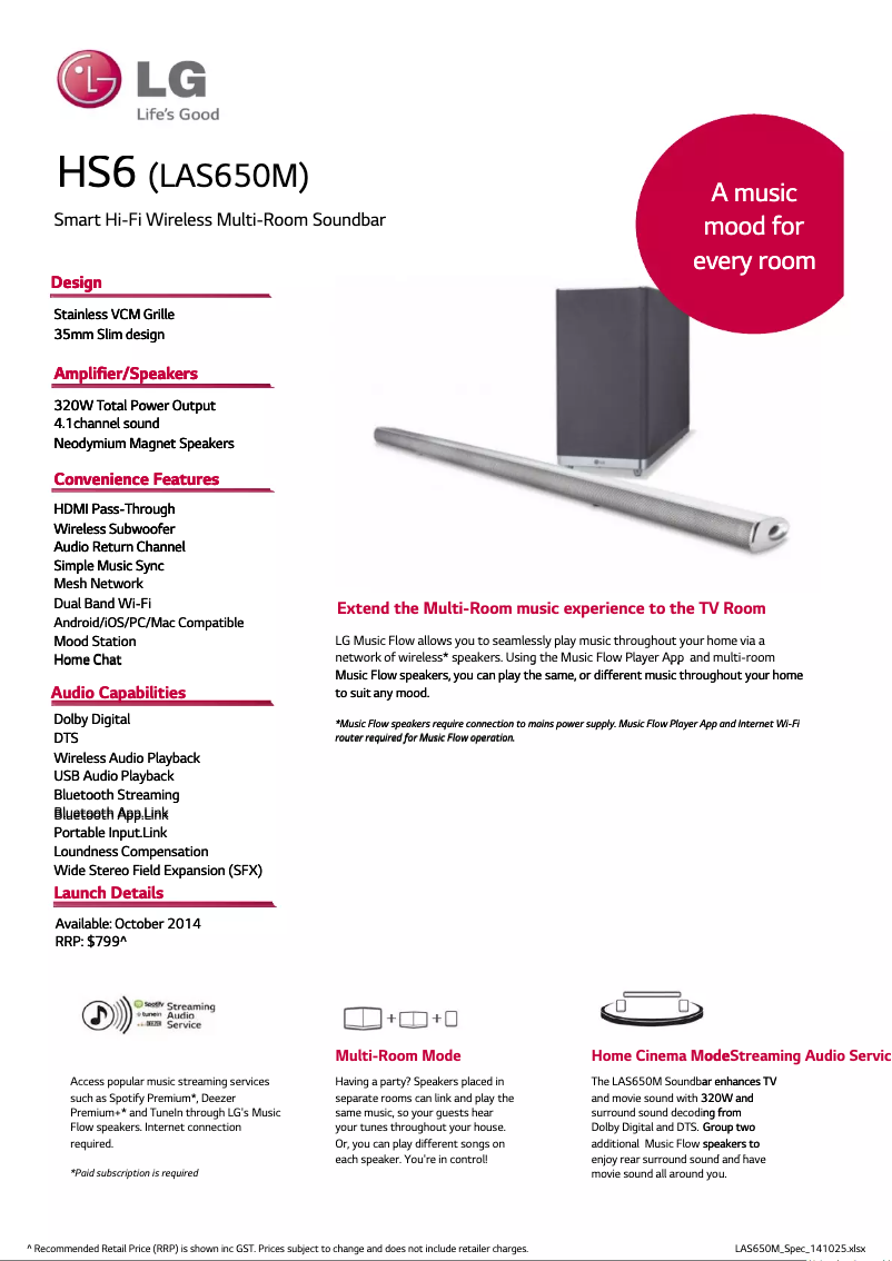 Page 1 de la notice Fiche technique LG LAS650M