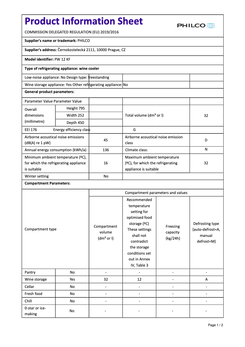Page n°1 - Fiche technique Philco PW 12 KF