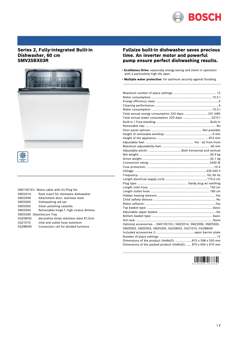 Page 1 de la notice Fiche technique Bosch SMV25BX03R