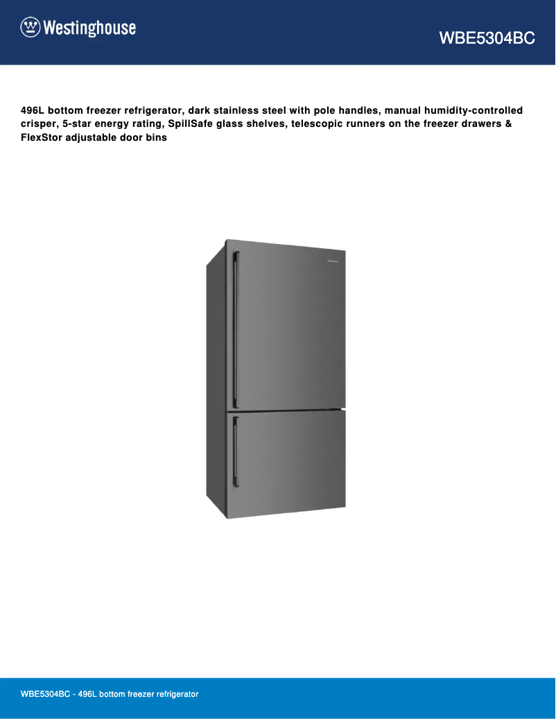 Page 1 de la notice Fiche technique Westinghouse WBE5304BC
