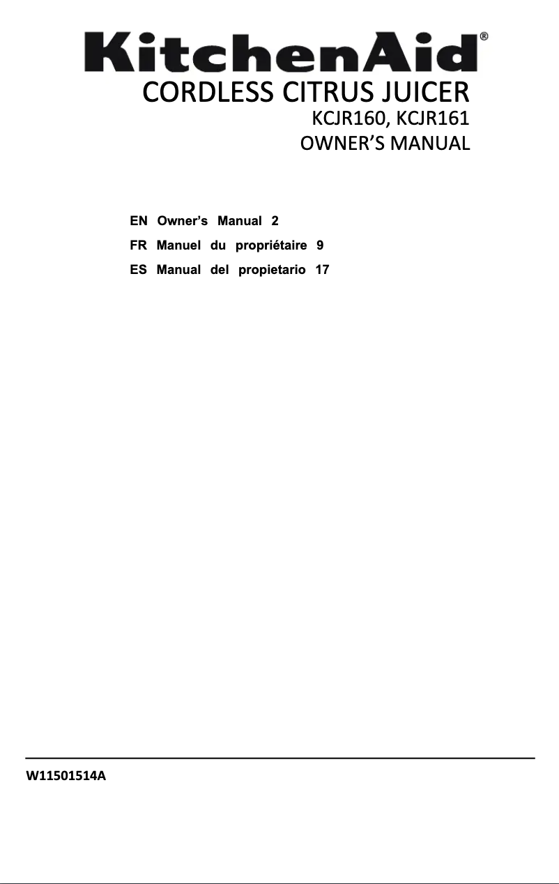 Page 1 de la notice Manuel utilisateur KitchenAid KCJR160