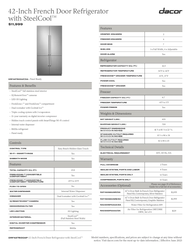 Page 1 de la notice Fiche technique Dacor RAT42AMAAMS
