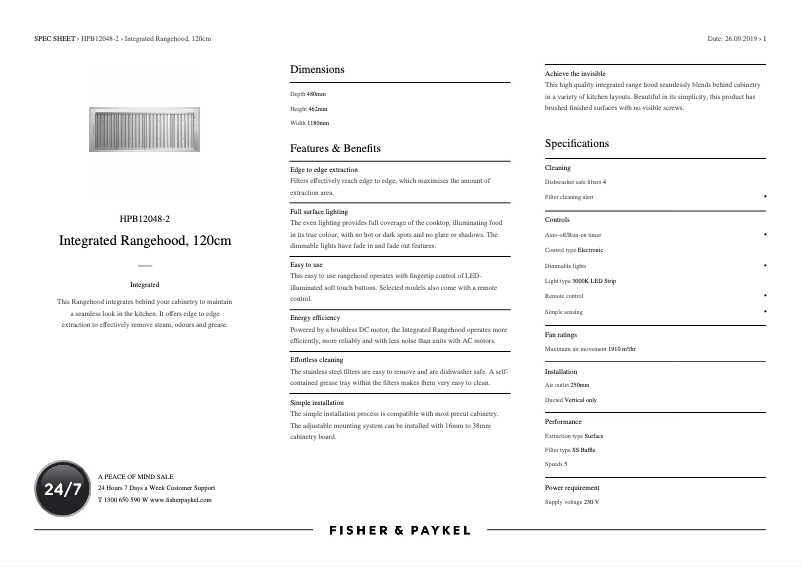 Page 1 de la notice Fiche technique Fisher & Paykel HPB12048-2
