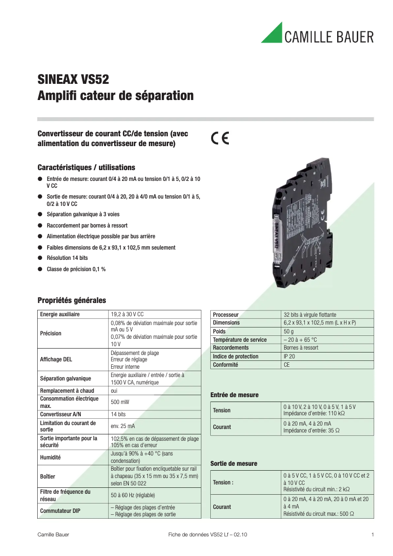 Page 1 de la notice Fiche technique Camille Bauer Sineax VS52