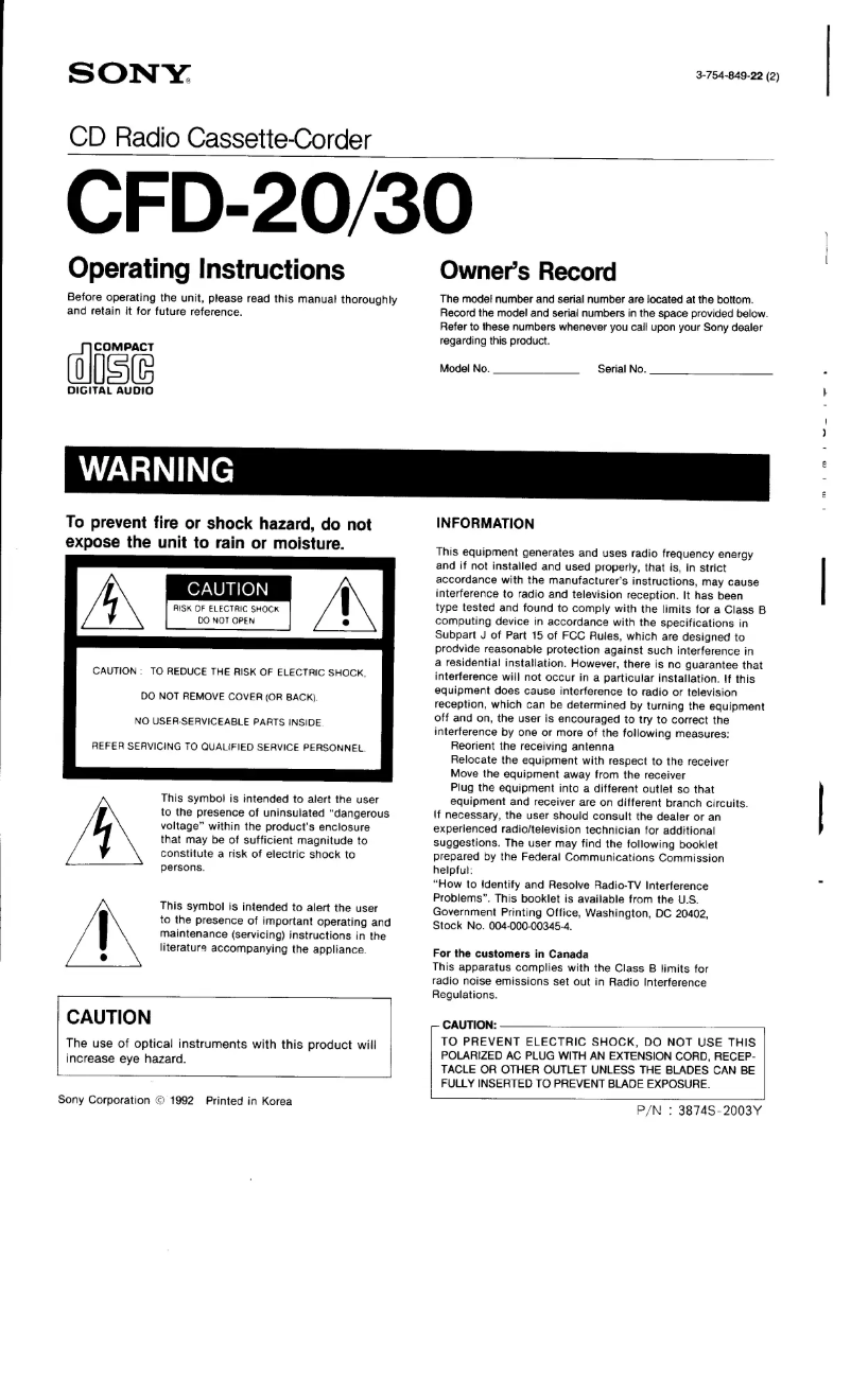 Page 1 de la notice Manuel utilisateur Sony CFD-20