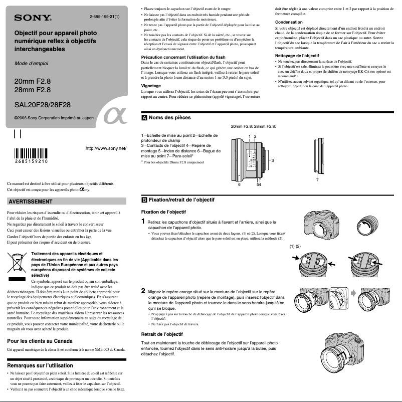 Page 1 de la notice Manuel utilisateur Sony SAL28F28