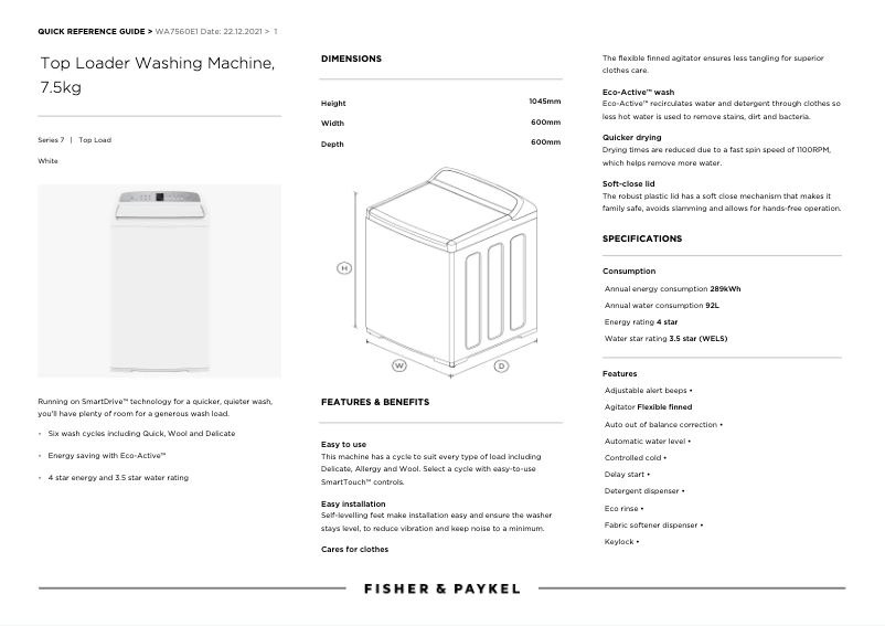 Page 1 de la notice Manuel utilisateur Fisher & Paykel WA7560E1