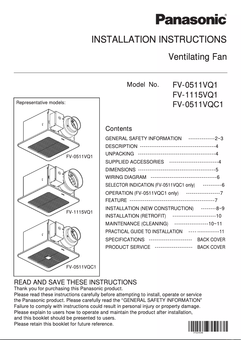 Página 1 del manual Guía de instalación Panasonic FV-0511VQL1
