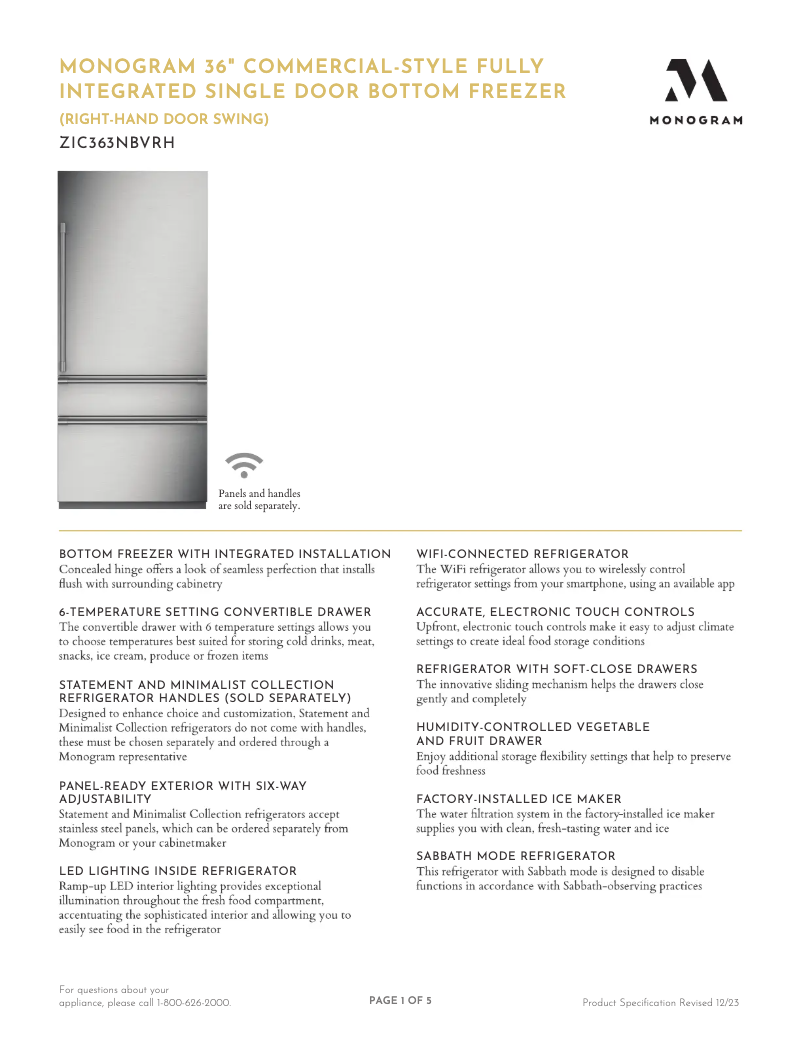 Page 1 de la notice Fiche technique Monogram ZIC363NBVRH