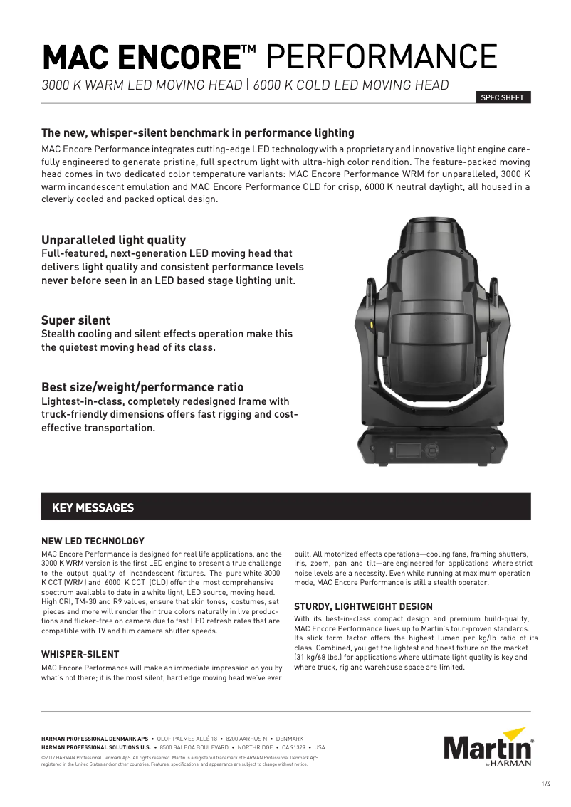 Page 1 de la notice Fiche technique Martin MAC Encore Performance WRM