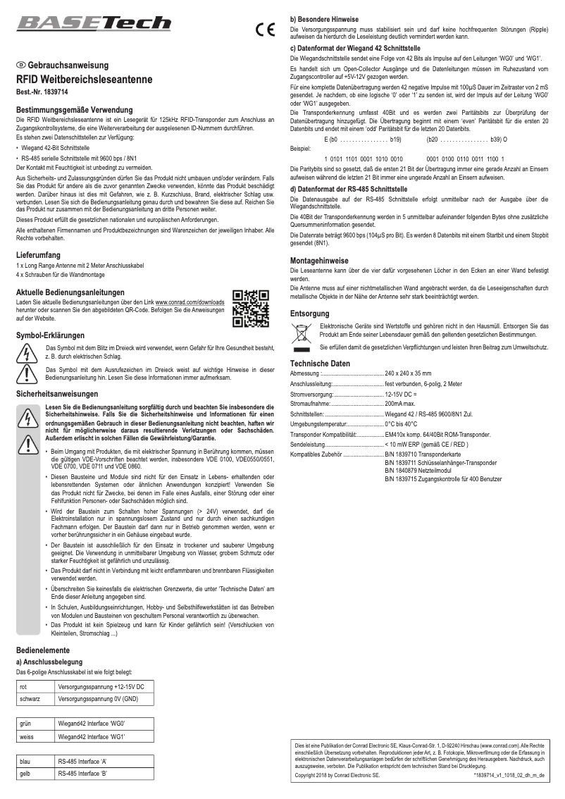 Page 1 de la notice Manuel utilisateur BaseTech BT-1839714