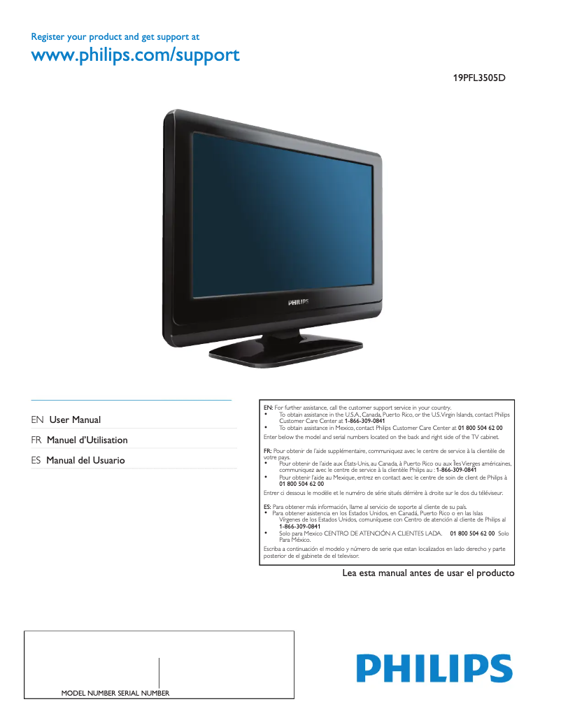 Image de la première page du manuel de l'appareil 19PFL3505D