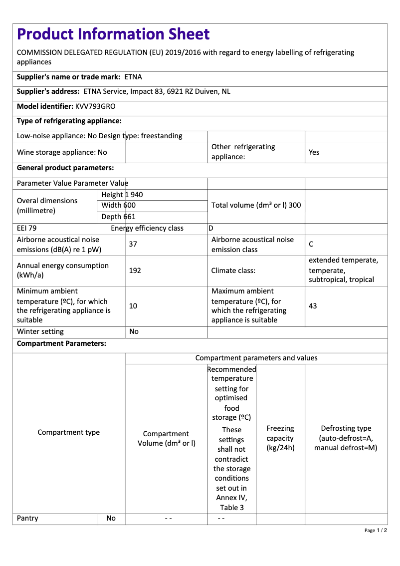 Page 1 de la notice Fiche technique Etna KVV793GRO