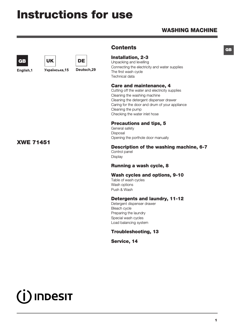 Image de la première page du manuel de l'appareil XWE 71451