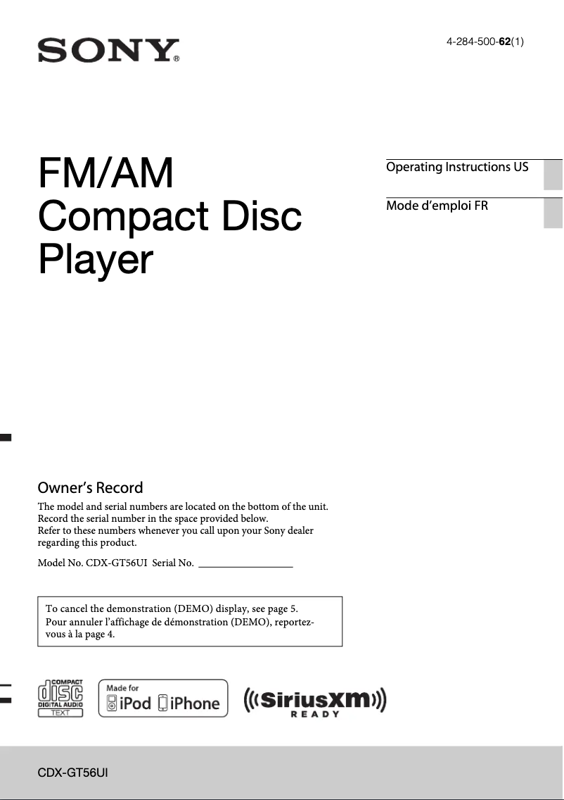 Page n°1 - Manuel utilisateur Sony CDX-GT56UI