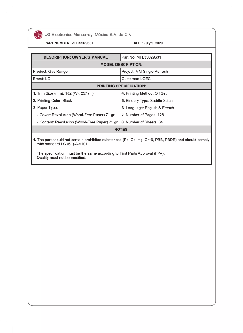 Page 1 de la notice Manuel utilisateur LG LRGL5825F