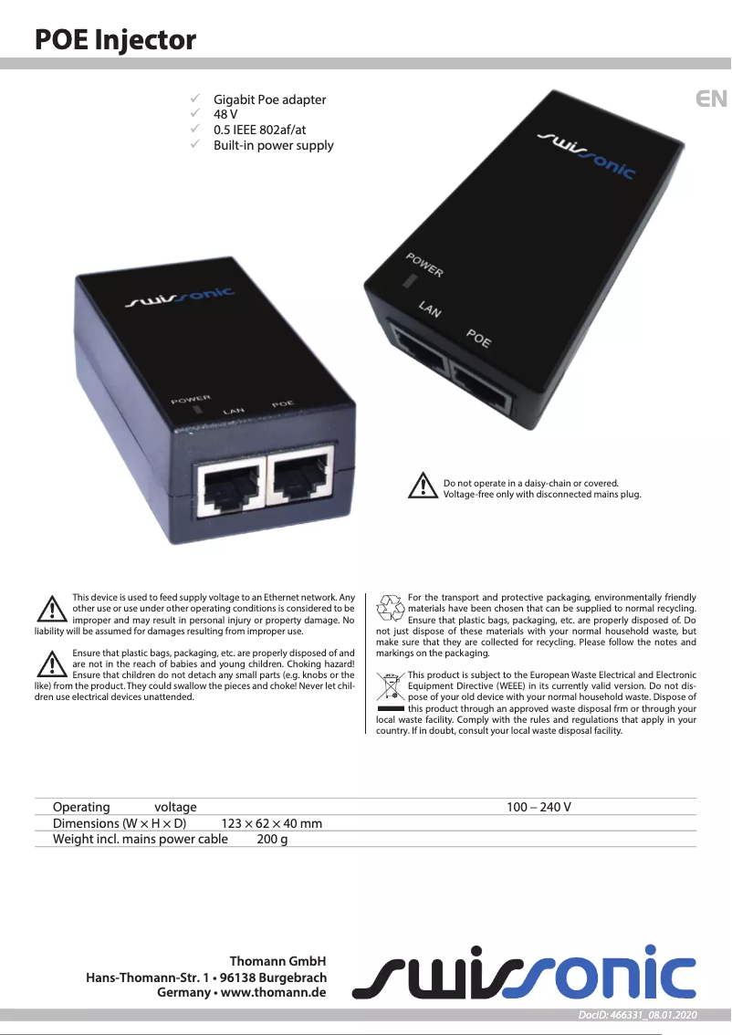 Image de la première page du manuel de l'appareil POE Injector