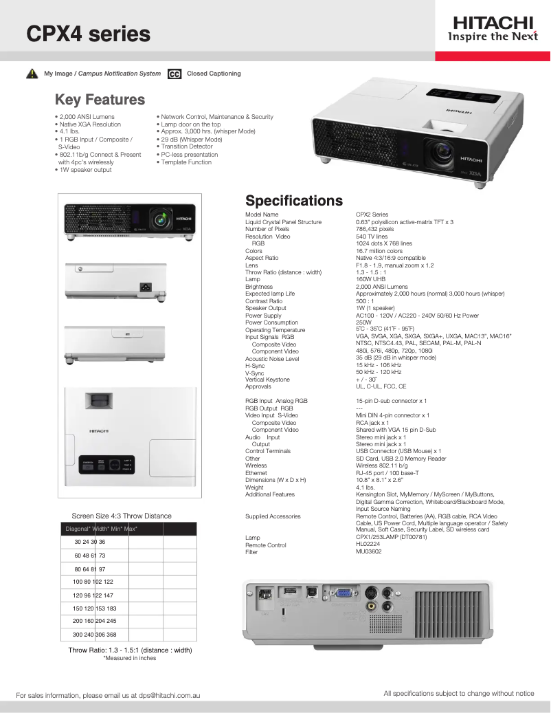 Page 1 de la notice Fiche technique Hitachi CP-X4