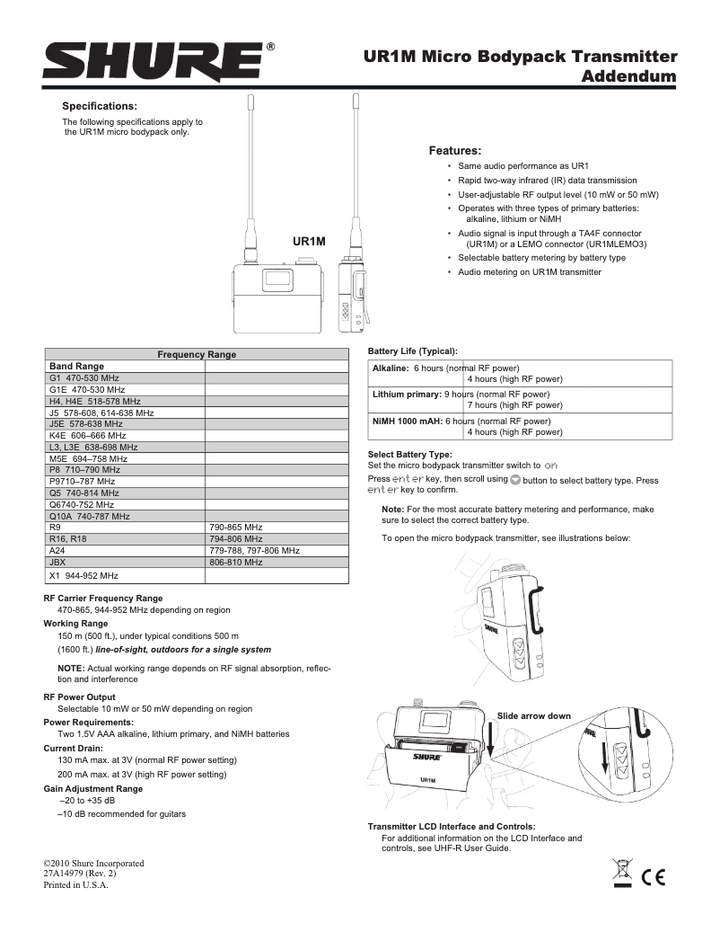 Page 1 de la notice Manuel utilisateur Shure UR1M