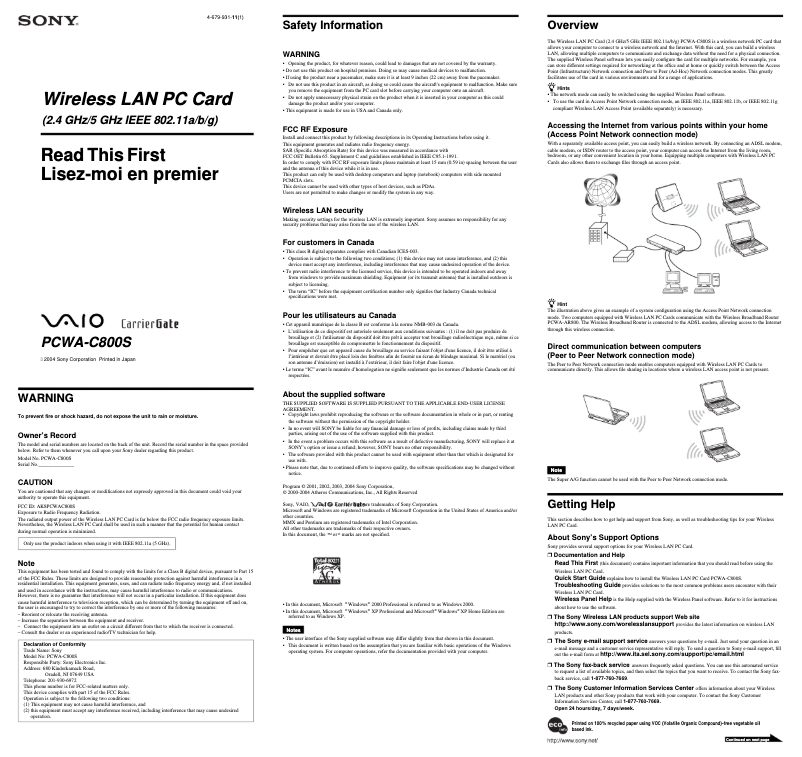 Page n°1 - Guide d'installation Sony PCWA-C800S