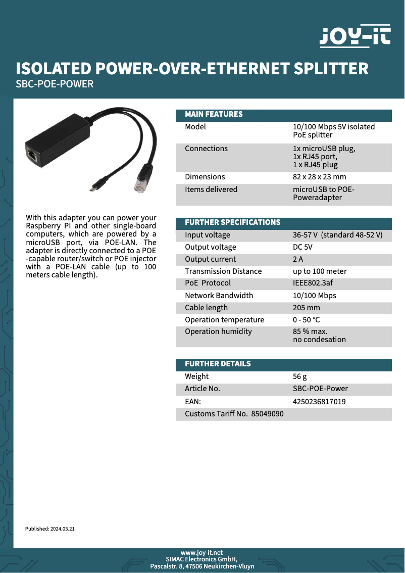 Page n°1 - Fiche technique Joy-It SBC-PoE-Power