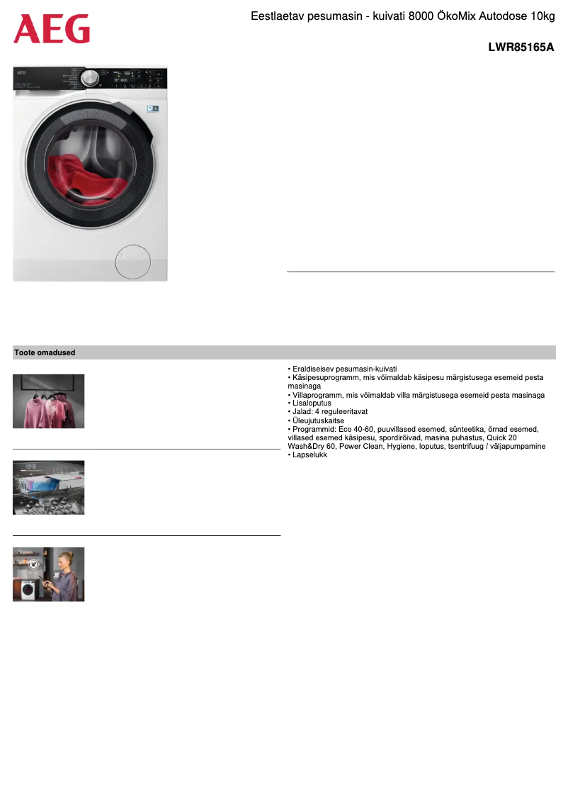 Page 1 de la notice Fiche technique AEG LWR85165A