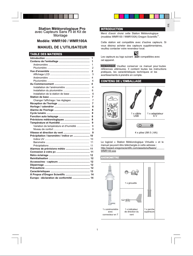 Page 1 de la notice Manuel utilisateur Oregon Scientific WMR100