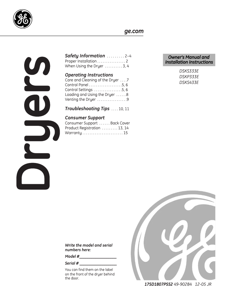 Página 1 del manual Manual de uso y mantenimiento GE DSKS433EAWW