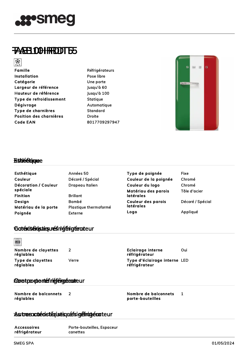 Página 1 del manual Ficha técnica Smeg FAB10HRDIT5