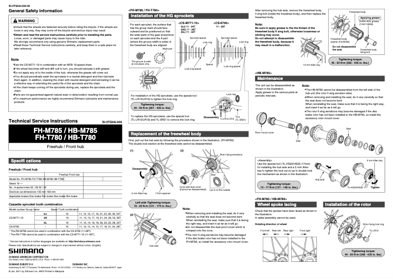 Page 1 de la notice Manuel utilisateur Shimano FH-M785