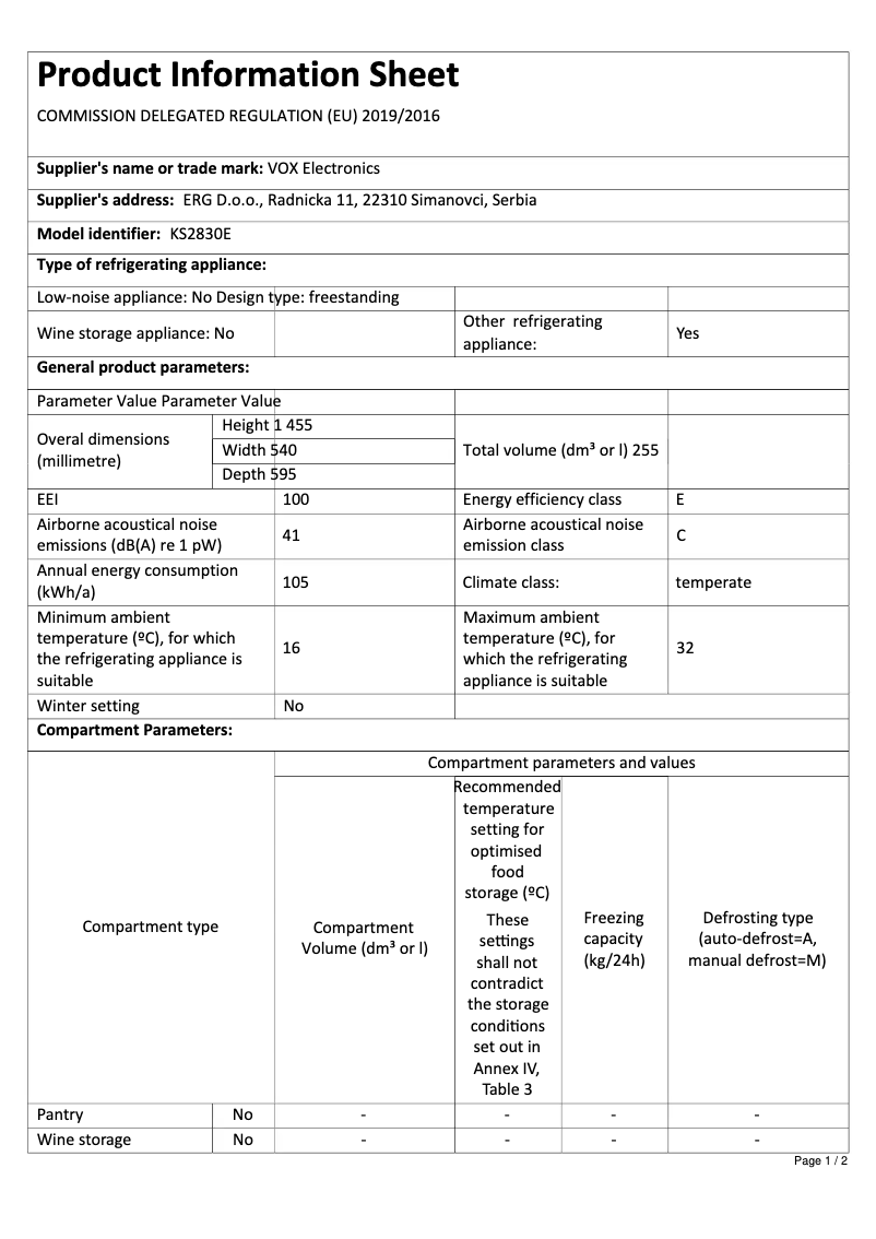 Page 1 de la notice Fiche technique VOX KS2830E