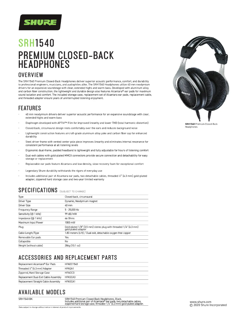 Page 1 de la notice Fiche technique Shure SRH1540