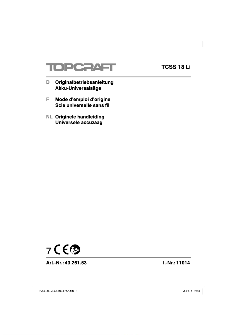 Page 1 de la notice Manuel utilisateur Topcraft TCSS 18 Li