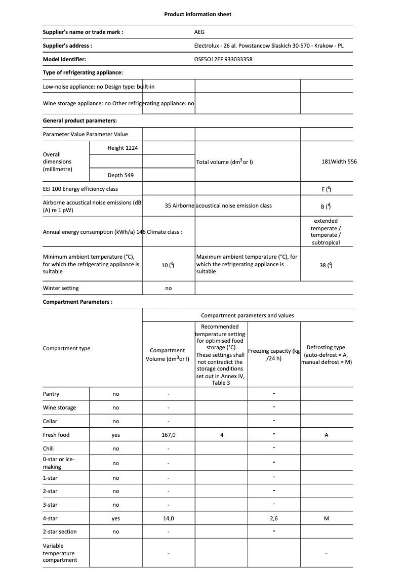 Page 1 de la notice Fiche technique AEG OSF5O12EF