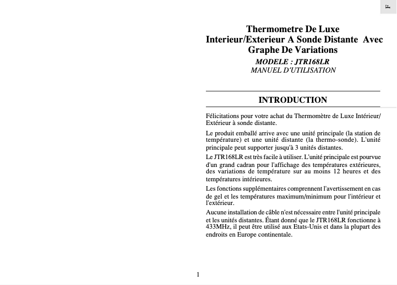 Image de la première page du manuel de l'appareil JTR168LR