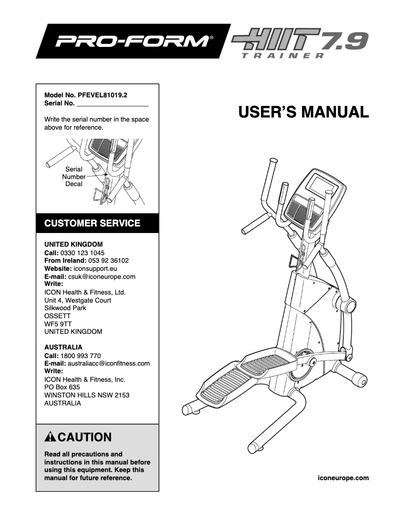 Page 1 de la notice Manuel utilisateur ProForm HIIT 7.9