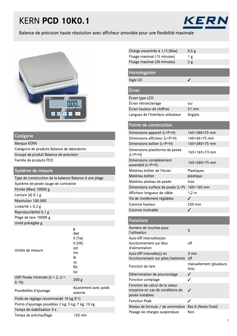 Page 1 de la notice Fiche technique Kern PCD 10K0.1