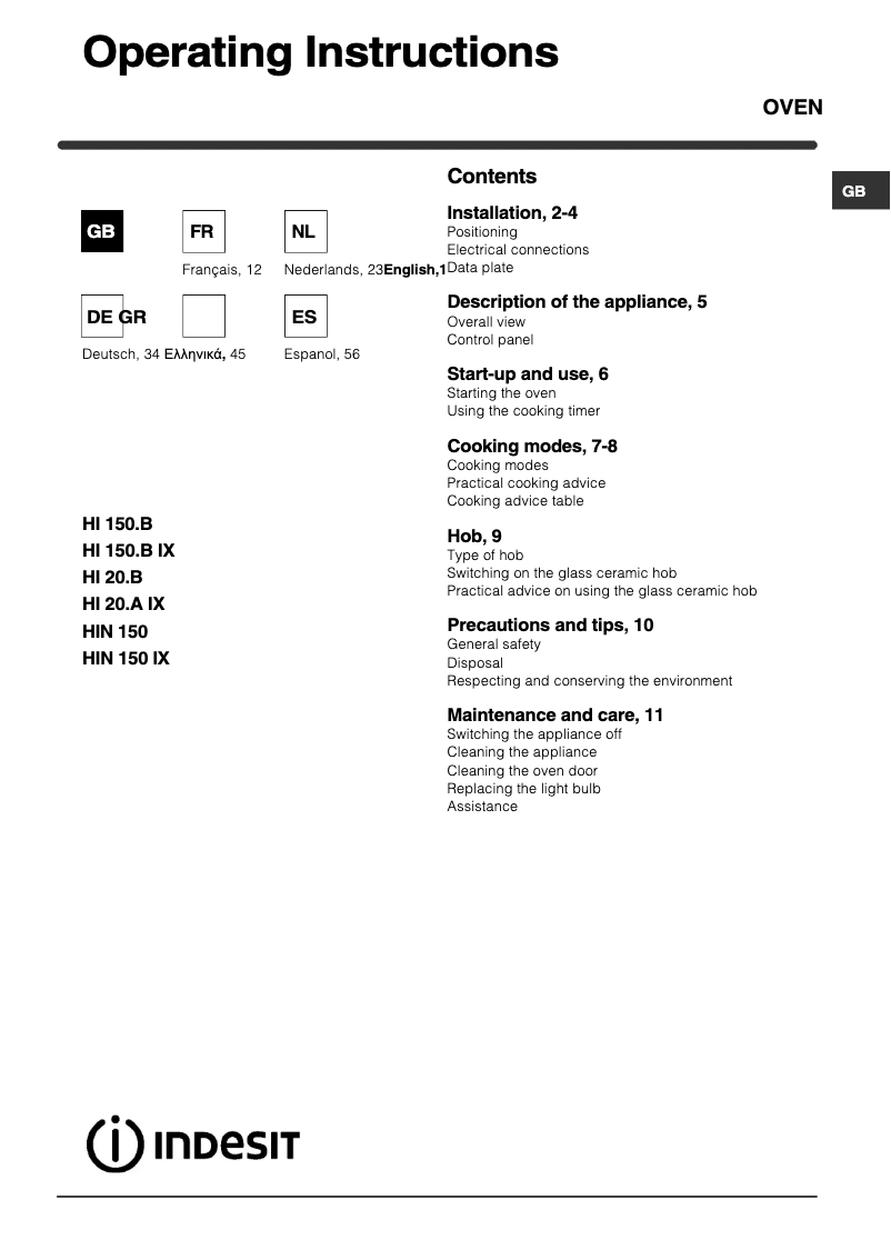 Page 1 de la notice Manuel utilisateur Indesit HIN 150 (WH)