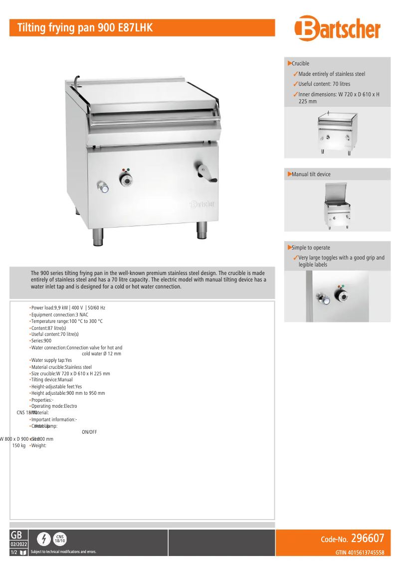 Page 1 de la notice Fiche technique Bartscher 900 E87LHK