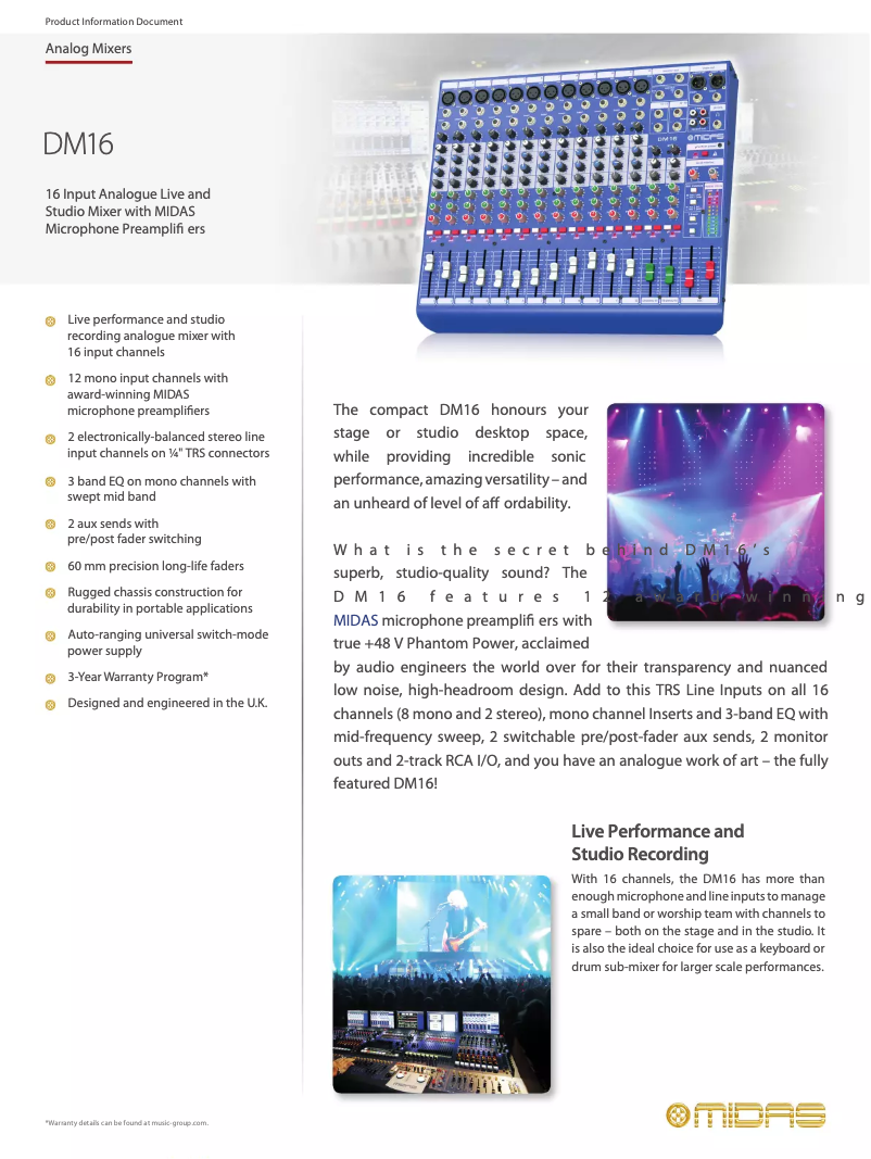 Página 1 del manual Ficha técnica Midas DM16