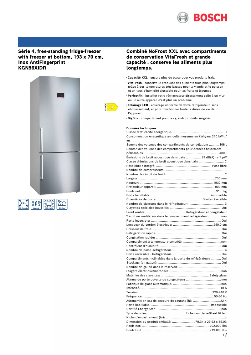 Página 1 del manual Ficha técnica Bosch KGN56XIDR