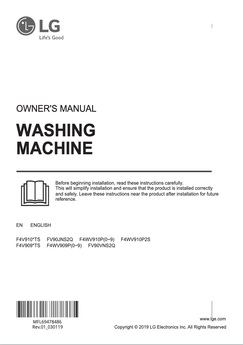 Page 1 de la notice Manuel utilisateur LG F4V910BTS