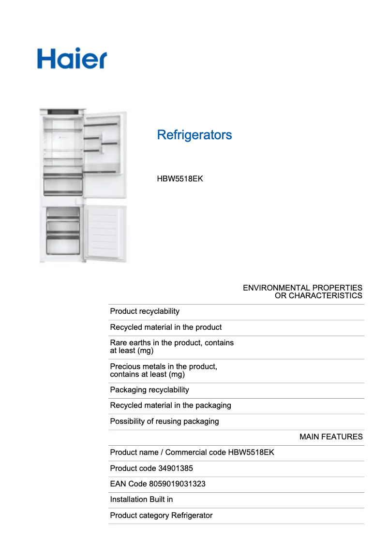 Page 1 de la notice Label énergétique Haier HBW5518EK