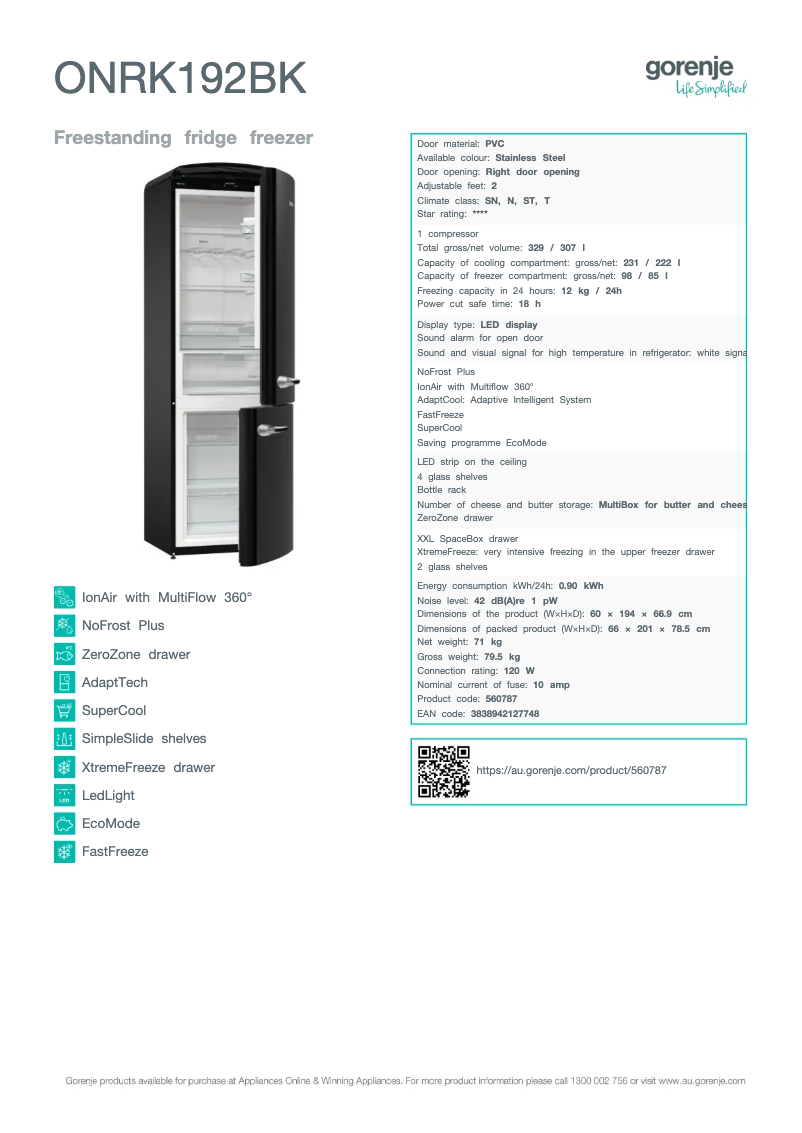 Page n°1 - Fiche technique Gorenje ONRK192BK
