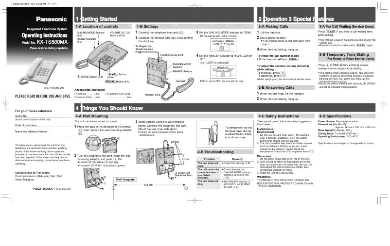 Imagen de la primera página del manual del dispositivo KX-TS500MX