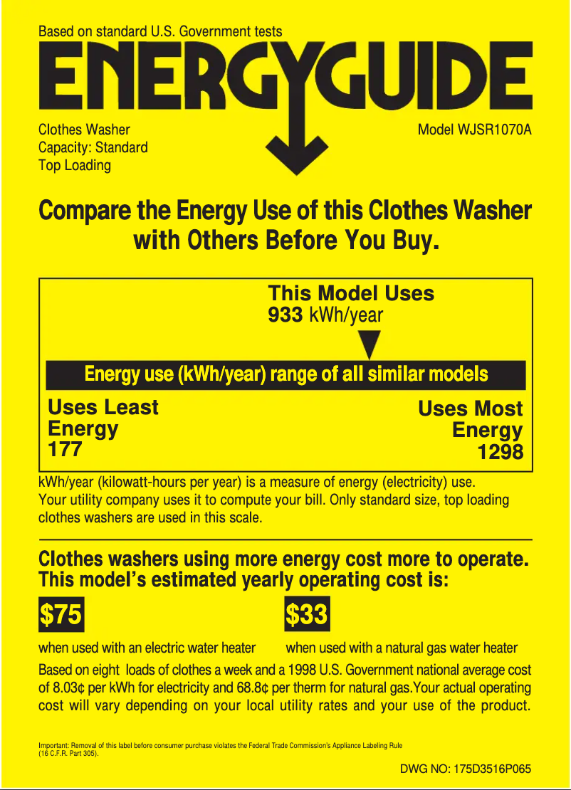 Page 1 de la notice Label énergétique GE WJSR1070AWW